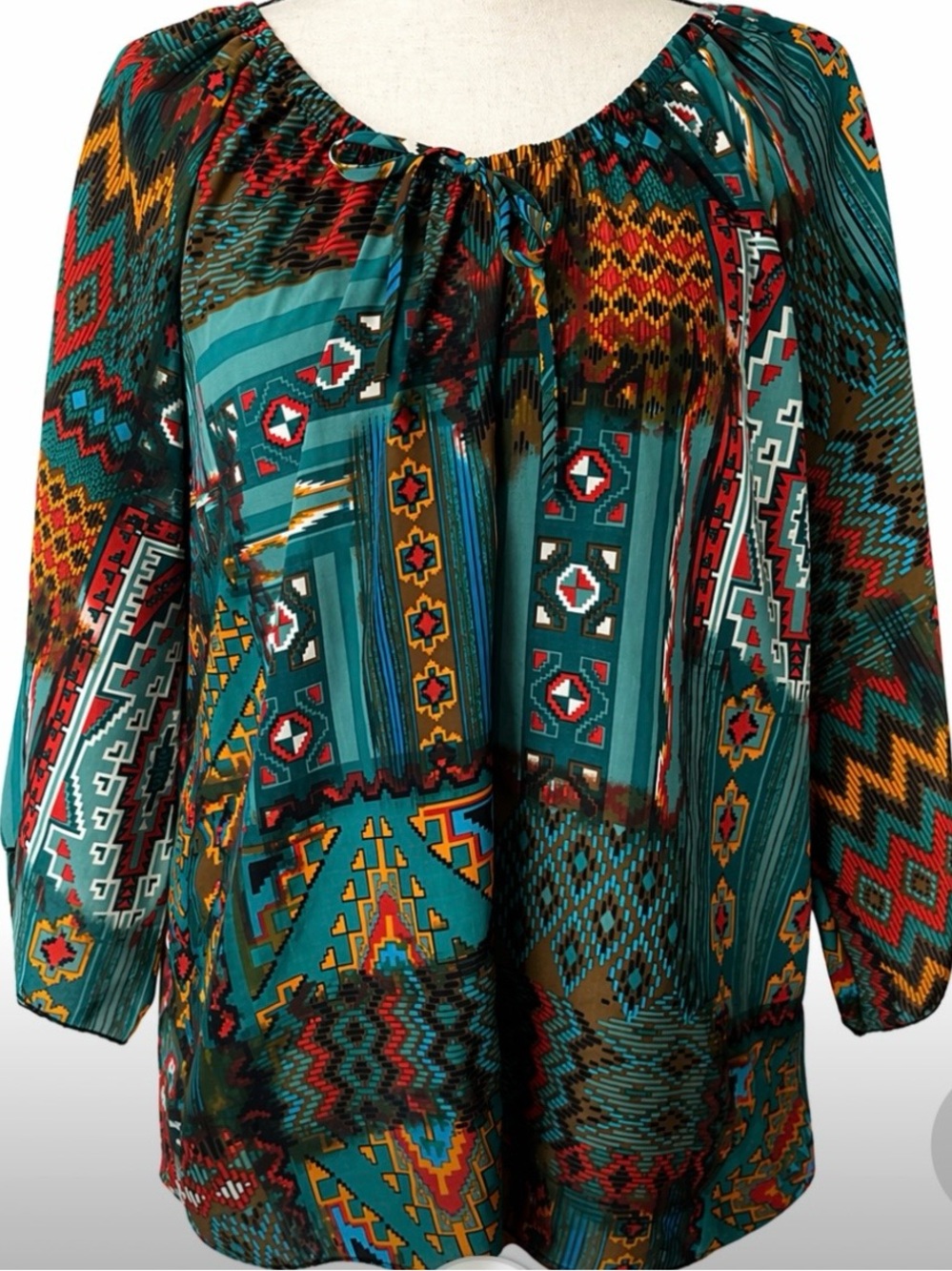Scully Boho Aztec Tunic Blouse L Teal Multicolor Peasant Top Western Boho Resort